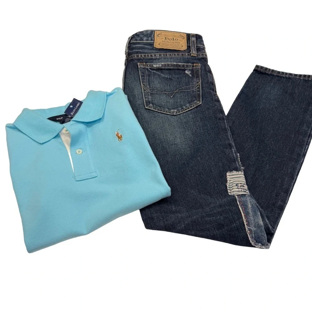 Ralph Lauren Girls 2 PCS Set Patchwork Jeans & Aqua Polo Shirt Sz 12-14